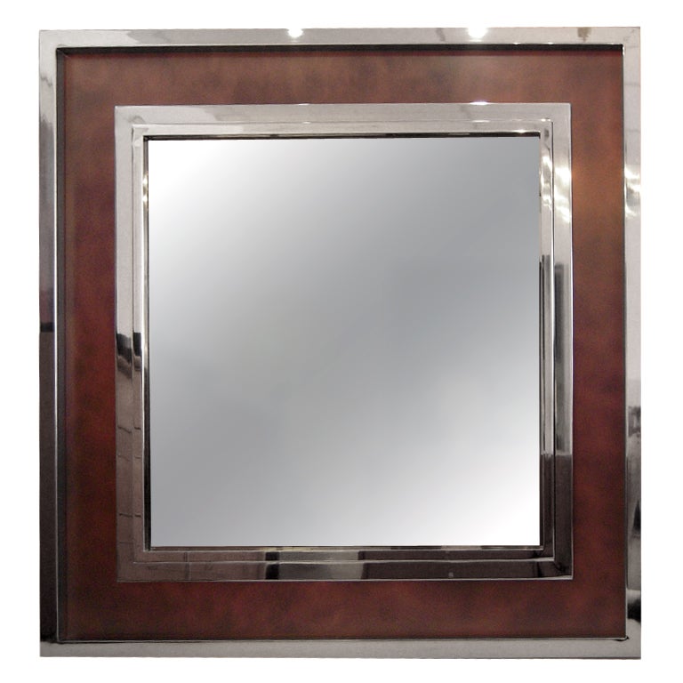 Monumental Steel and Copper Wall Mirror by Maison Jansen 1980's