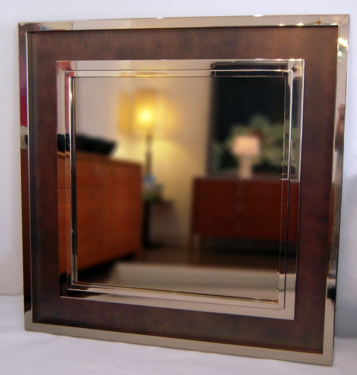 Monumental Steel and Copper Wall Mirror by Maison Jansen 1980's In Good Condition In Ft Lauderdale, FL