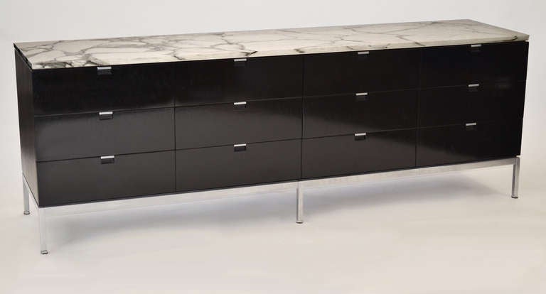 Rare custom-order Florence Knoll Executive Office credenza with 12 drawers in ebonized walnut veneer with 3/4