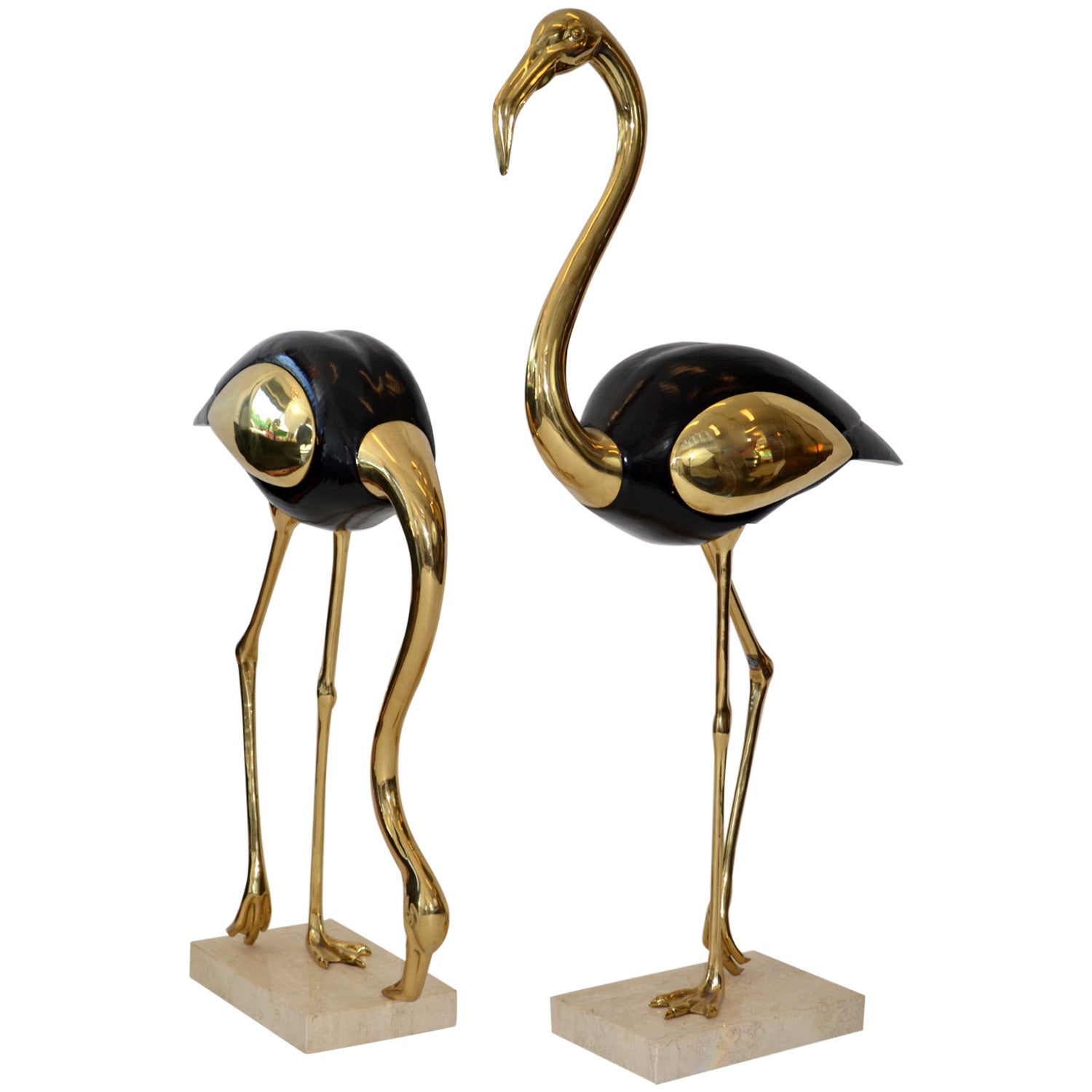 Pair of Life-Size Stylized Flamingo Scuptures in Brass and Wood
