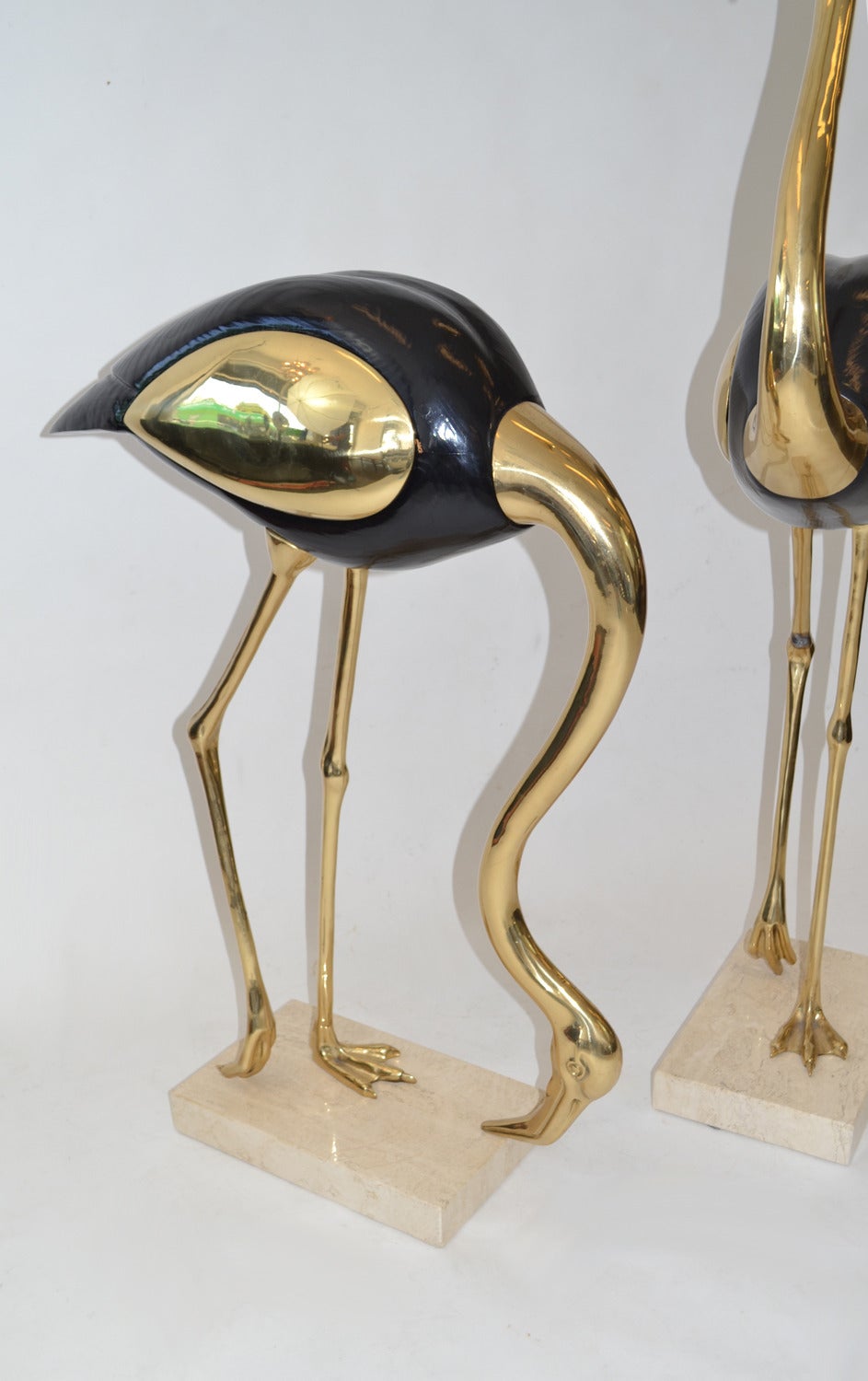 Mid-Century Modern Pair of Life-Size Stylized Flamingo Scuptures in Brass and Wood