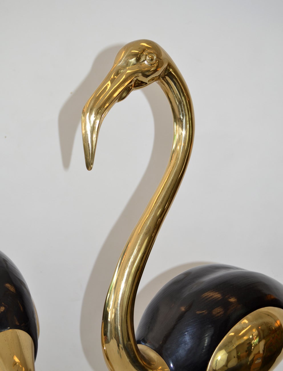 Italian Pair of Life-Size Stylized Flamingo Scuptures in Brass and Wood