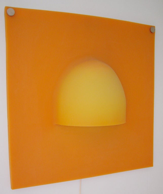 Pair of Delight Wall Lamps or Sconces by Adrien Gardere for Ligne Roset, France
Hard-to-find, pop art-style pair of orange-colored wall sconces made of translucent thermo formed polymer. The light source is concealed in the formed domes. Stainless