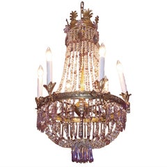 French Gilt Bronze and Crystal Decorative Floral Amethyst Chandelier, Circa 1815