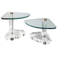 Vintage Pair of Cantilevered Lucite & Glass Tables