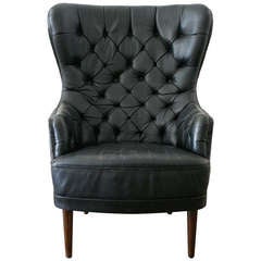 Tufted Leather High Back Chair , Denmark 1950