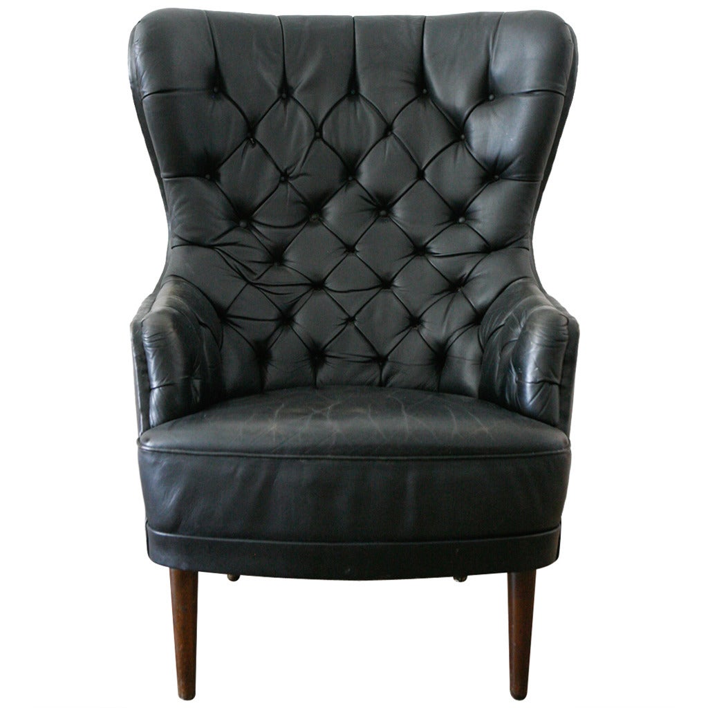 Tufted Leather High Back Chair , Denmark 1950