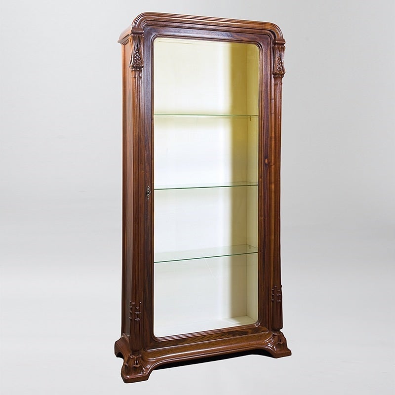 A French Art Nouveau vitrine by Louis Majorelle, featuring carved leaves and branches in relief. The interior of the vitrine has three glass shelves and is lined in cream-colored moire. The bronze lock plate has a vegetal motif, circa 1900.

Similar