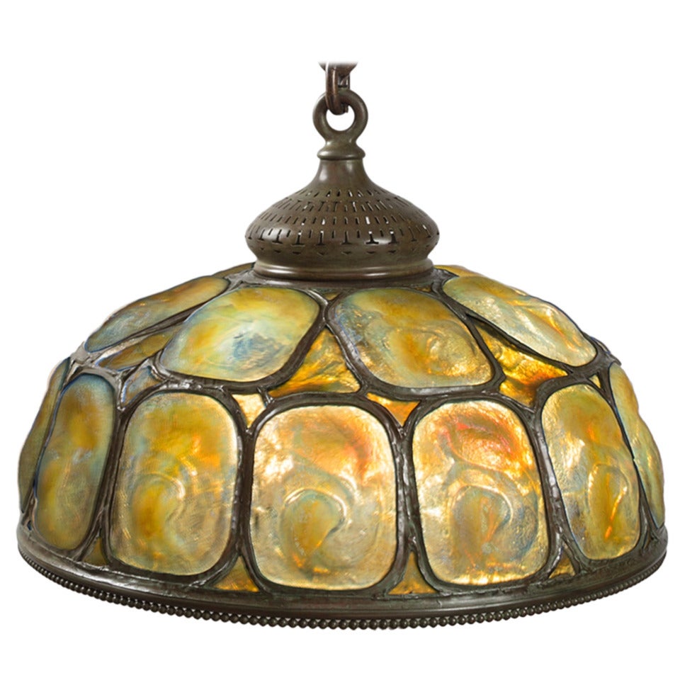 Tiffany Gold and Yellow Opalescent  "Turtleback" Tile Chandelier