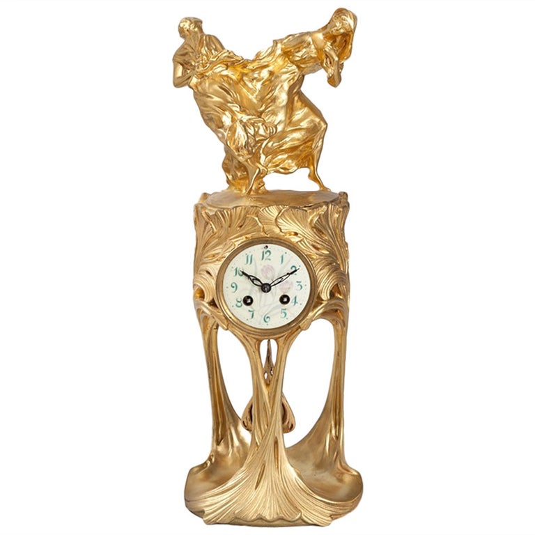 Dufrène French Art Nouveau Gilt Bronze Clock For Sale at 1stDibs