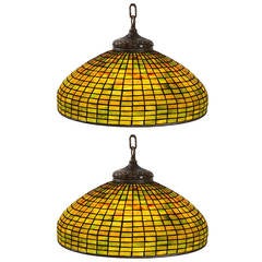 Tiffany Studios New York Matched Pair of Hanging Leaded Glass Lamps
