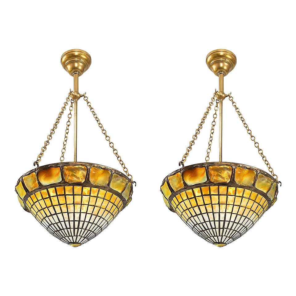 Pair of Tiffany Studios, New York Glass and Bronze “Turtleback Tile” Chandeliers