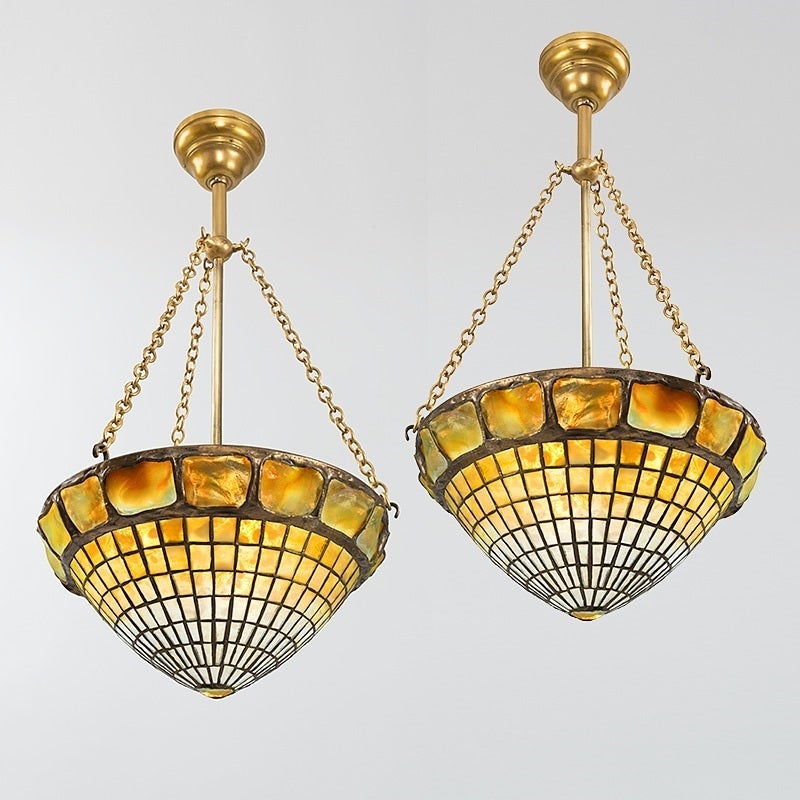 Art Nouveau Pair of Tiffany Studios, New York Glass and Bronze “Turtleback Tile” Chandeliers