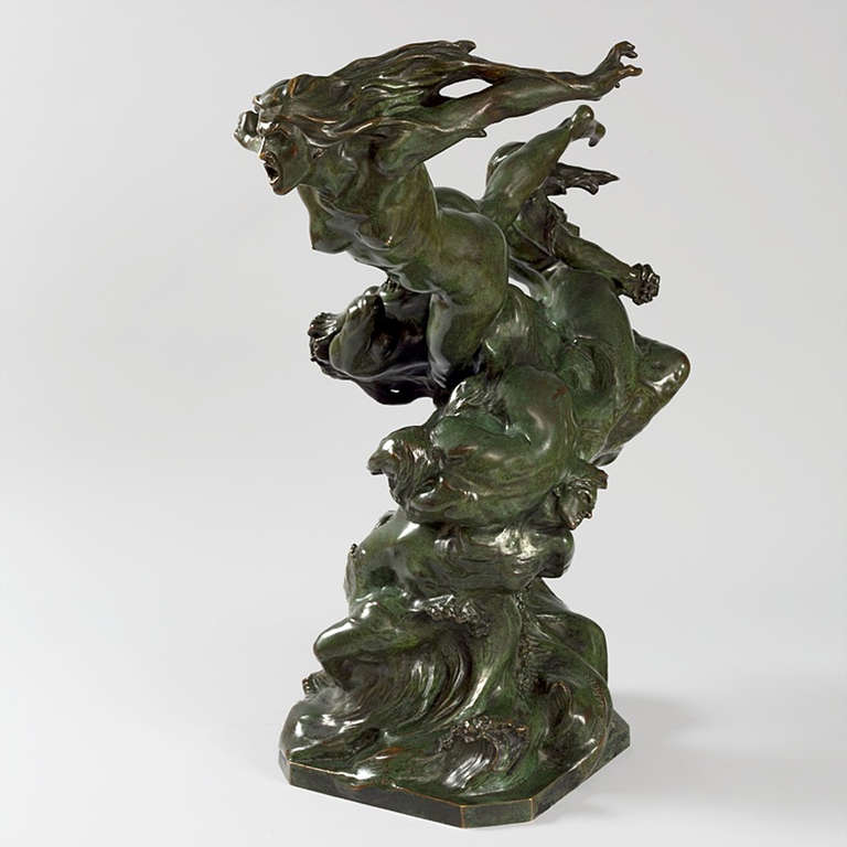 A large French Art Nouveau patinated bronze figural sculpture, titled “La tempête et ses nuées” by François-Raoul Larche. In 1896, when Larche exhibited this masterwork, which simultaneously references 19th century Romanticism and early 20th century