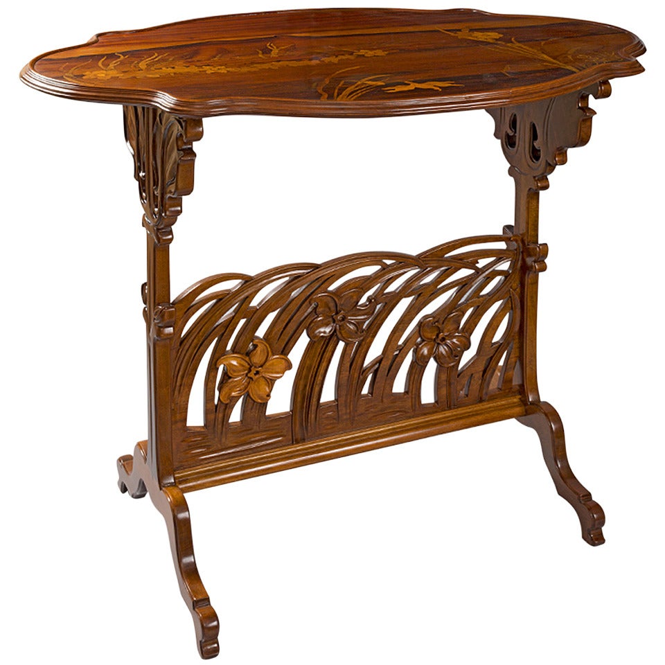 Emile Gallé “Narcissus” French Art Nouveau Carved Fruitwood Side Table