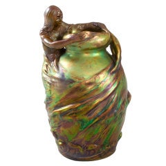Zsolnay Green, Eosin and Copper Glazed Figural Vase