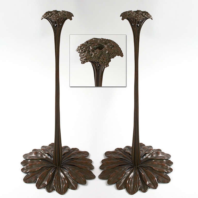 A pair of Tiffany Studios New York patinated bronze 