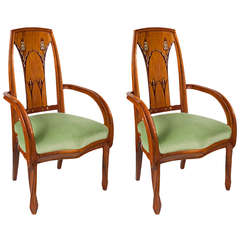 Louis Majorelle Pair of French Art Nouveau Beach Wood Armchairs 1