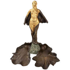 Delagrange Bronze Figure Atop Marble Base and Tray