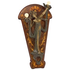 Georges Flamand Art nouveau français - Applique à deux lumières en bronze sur chevalet en marqueterie