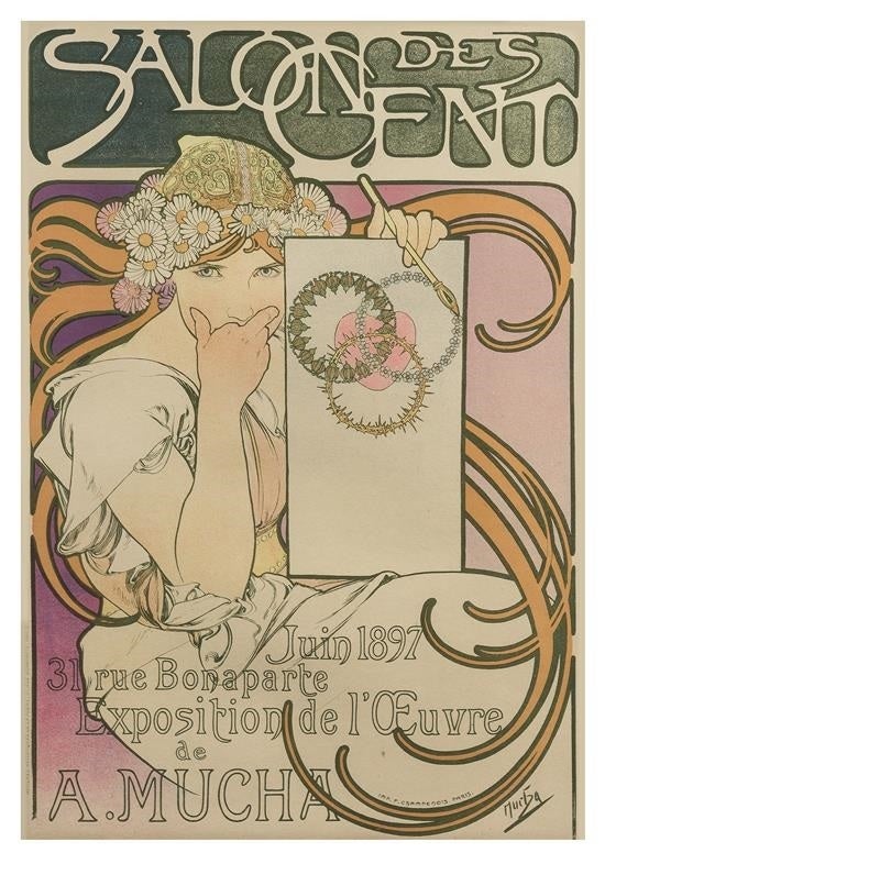 French lithograph, “Salon des Cent”, by Alphonse Mucha.  Circa 1897.

A similar lithograph is described and pictured in: Alphonse Mucha: The Complete Posters and Panels, by Jack Rennert and Alain Weill, Boston: G.K. Hall & Co., 1984, pp.