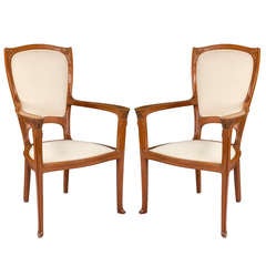 French Art Nouveau Fruitwood Armchairs