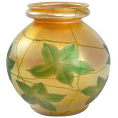 Tiffany Favrile Glass Vase with Intaglio Carved Leaf Decoration