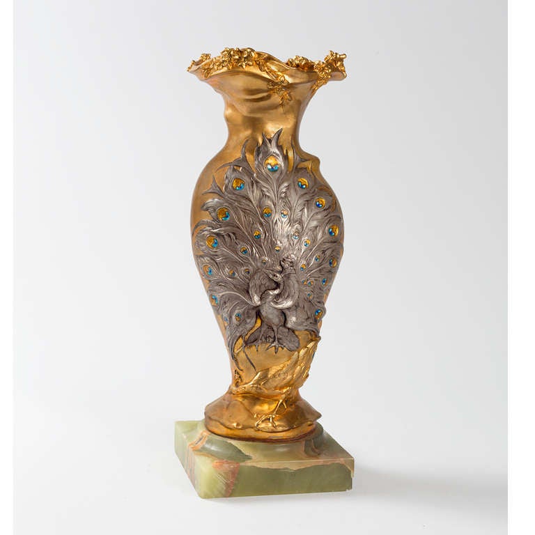 Louchet French Art Nouveau Bronze "Peacock" Vase