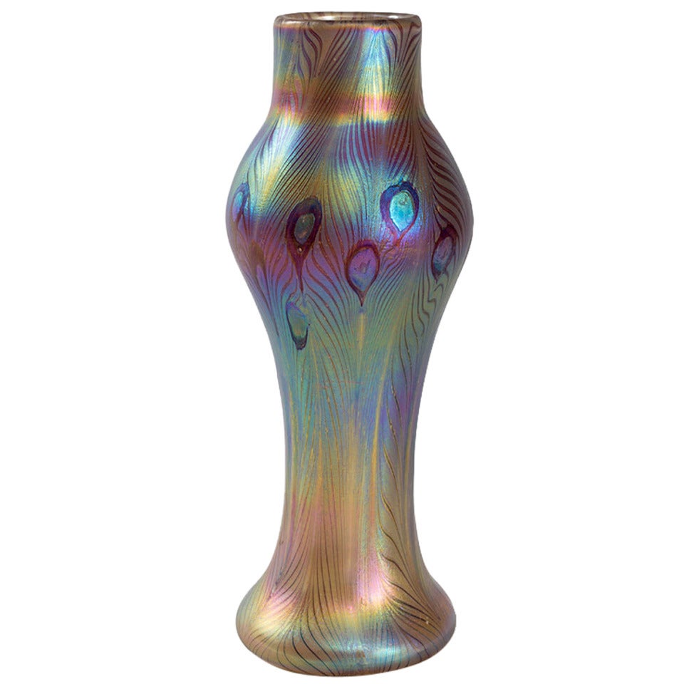 Tiffany Studios New York Glass Vase with Peacock Feather Motif