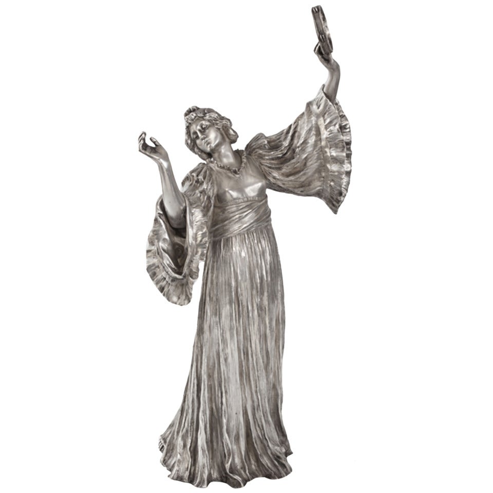 Agathon Léonard "Danseuse Tambourin à Droite" Silvered Bronze Figural Sculpture