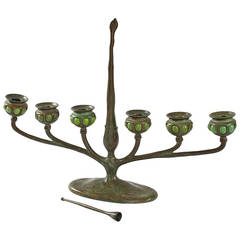 Tiffany Studios Art Nouveau Bronze and Favrile Glass Table Candelabrum