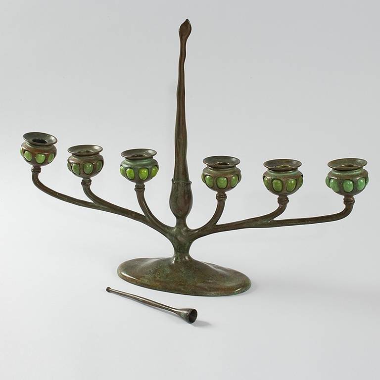 Tiffany Studios Art Nouveau Bronze and Favrile Glass Table Candelabrum