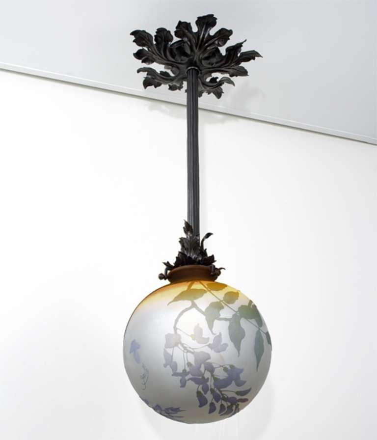 A French Art Nouveau cameo glass and patinated bronze chandelier by Emile Gallé. Circa 1900.

Signed, 