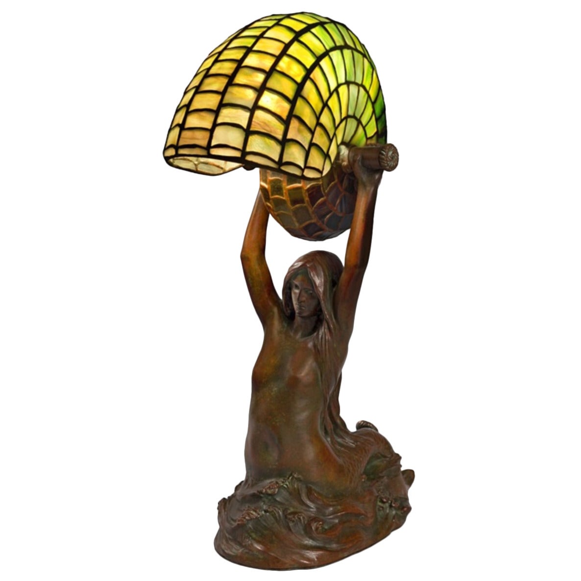 Tiffany Studios New York "Nautilus" Table Lamp with Gudebrod "Mermaid" Base