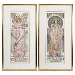 Antique Alphonse Mucha French Art Nouveau Pair of Lithographs for Moet & Chandon
