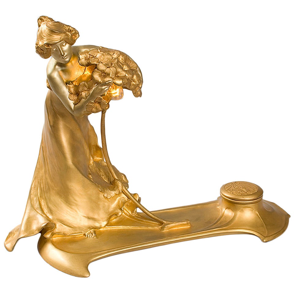 Encrier en bronze doré éclairé de style Art Nouveau français avec sculpture par Korschann