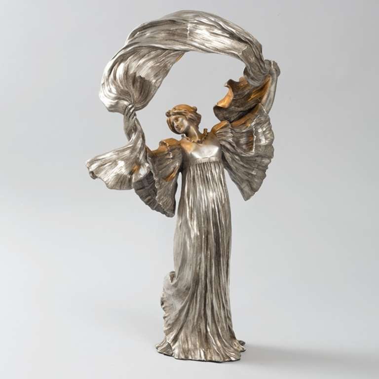 Agathon Leonard "Danseuse a L’echarpe, Genou Leve" Lighted Silvered Bronze Sculpture