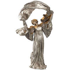 Agathon Leonard "Danseuse a L’echarpe, Genou Leve" Lighted Silvered Bronze Sculpture