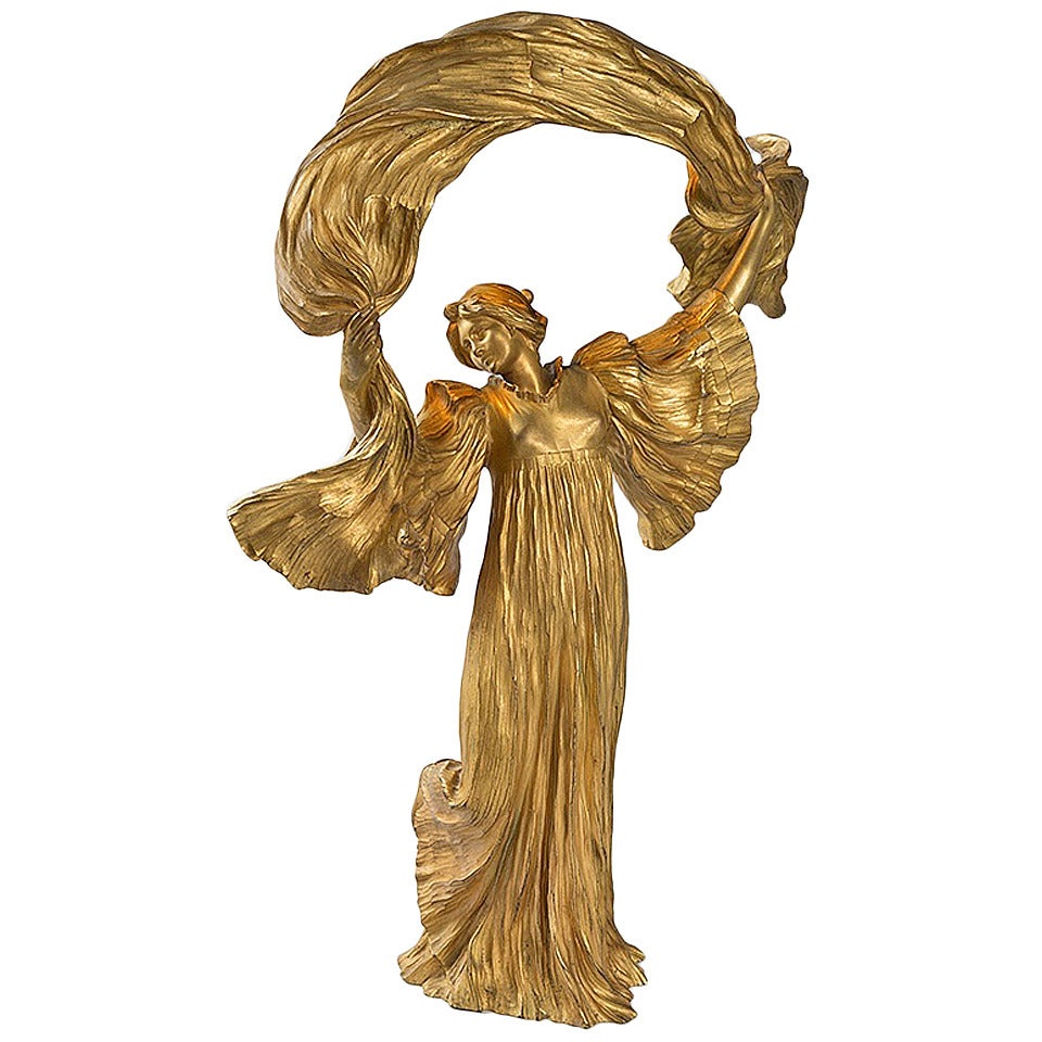 Agathon LéOnard “Danseuse L’ÉCharpe Genou Levé” Lighted Bronze Sculpture