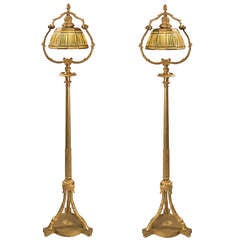 Antique Pair of Tiffany Studios New York Gilt Bronze "Linenfold" Floor Lamps