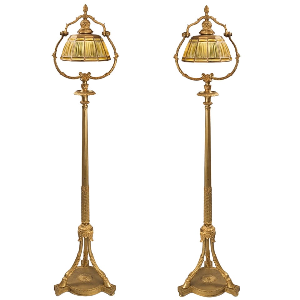 Pair of Tiffany Studios New York Gilt Bronze "Linenfold" Floor Lamps
