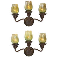 Tiffany Studios New York Bronze Tri-Armed Sconces - Pair