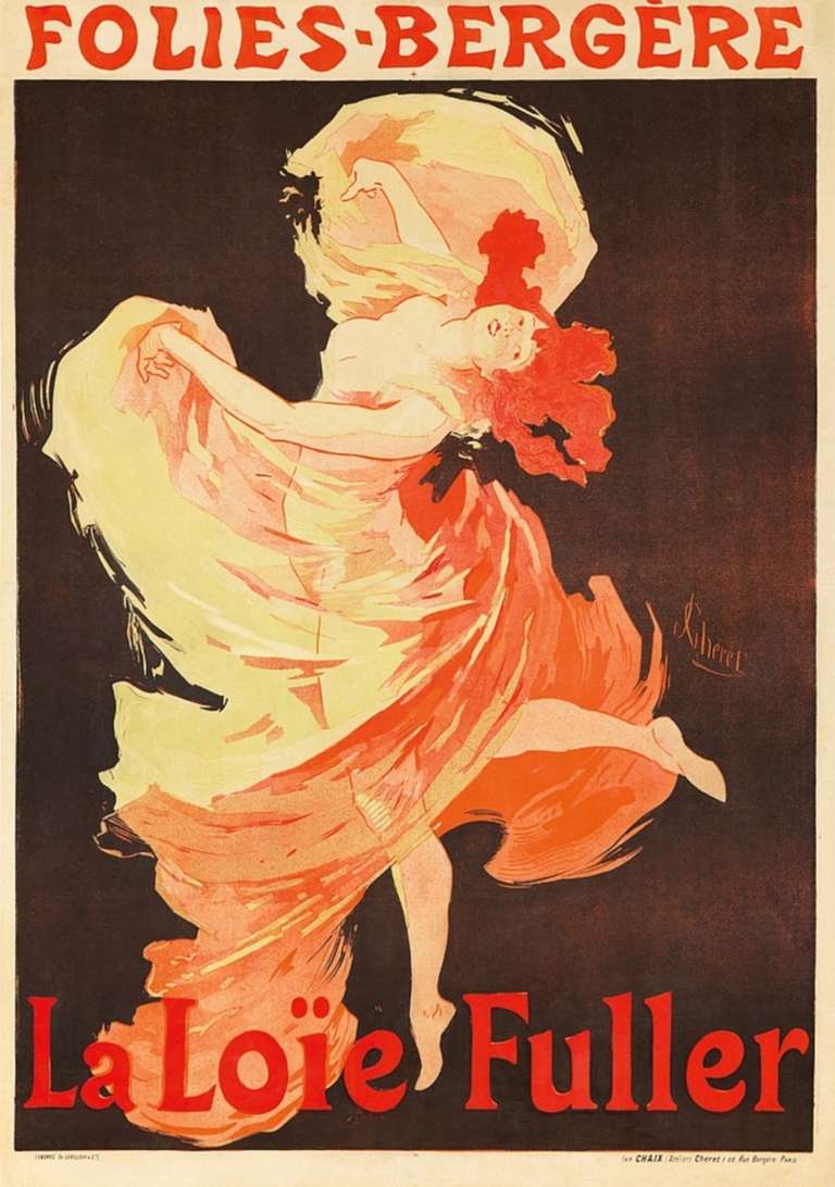 A French Art Nouveau lithograph by Jules Chéret, depicting Loïe Fuller dancing at the Folies Bergere.  This is the first and most successful poster Chéret made for Loïe Fuller, exuberantly capturing her light-and-motion show in a printed image.