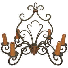 French 1920 Green Wrought Iron Chandelier
