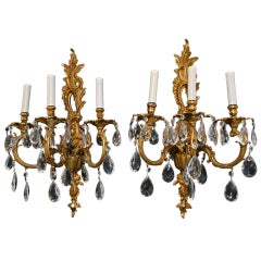Large Antique Pair Of Brass And Crystal Sconces