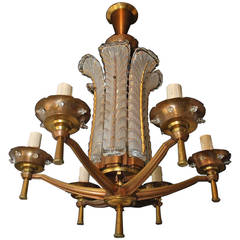 French Art Deco Bronze Chandelier, Signed Ezan