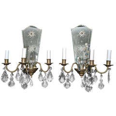 Antique Pair Of French Crystal And Mirror Sconces
