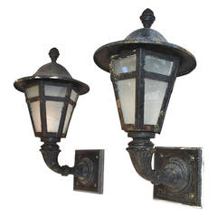 Antique Large Pair of 1920 Cast Iron and Metal Outdoor Sconces