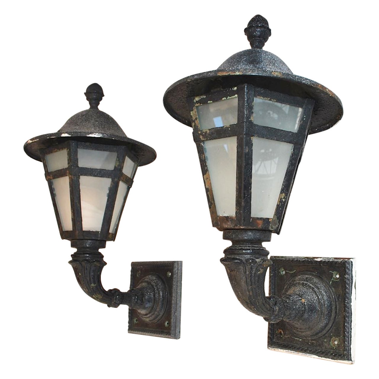 Large Pair of 1920 Cast Iron and Metal Outdoor Sconces