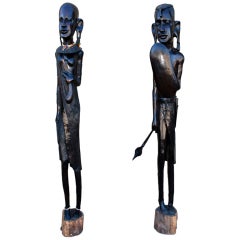Vintage Pair of impressive seven feet African ebony wood statue masai tribe )